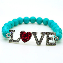 Turquoise 8MM Round Beads Stretch Gemstone Bracelet with Diamante Love Piece
